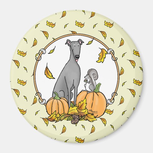 Fall Greyhound (grau) Dog Pumpkins Blätter Funny Magnet (Vorne)
