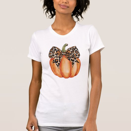 Fall Halloween Pumpkin Leopard Pattern Bow T-Shirt (Vorderseite)