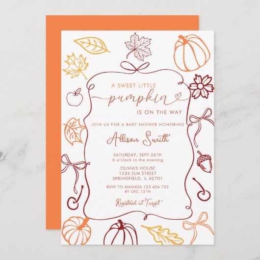 Fall Hand gezeichnet ein wenig Pumpkin Baby Dusche Einladung (Vorne/Hinten)