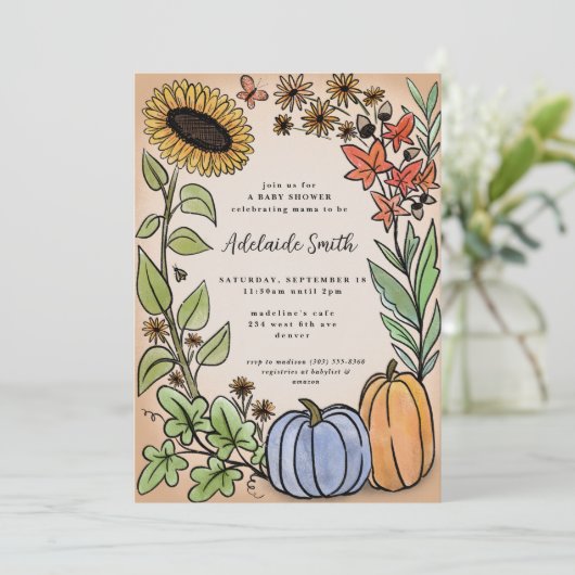 Fall Harvest Blue Pumpkin Baby Dusche Einladung (Stehend Vorderseite)