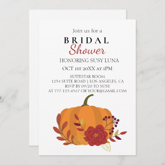 Fall Harvest Orange Pumpkin mit Blume Einladung (Vorne/Hinten)