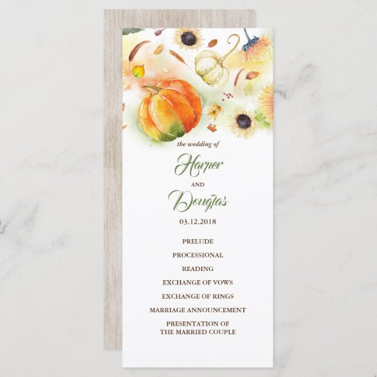 Fall Harvest Pumpkins Sonnenblumen Hochzeitsprogra Programm (Vorne/Hinten)