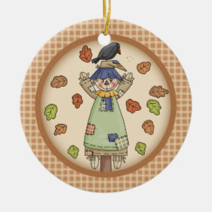 Fall-/Herbst-Vogelscheuche auf kariertem mit Keramik Ornament