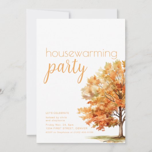 Fall Housewärming Party Einladung mit Bäumen (Vorderseite)