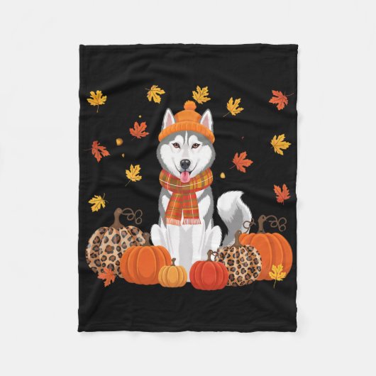 Fall Husky Pumpkins Blätter Herbst Halloween Dank Fleecedecke (Vorderseite)