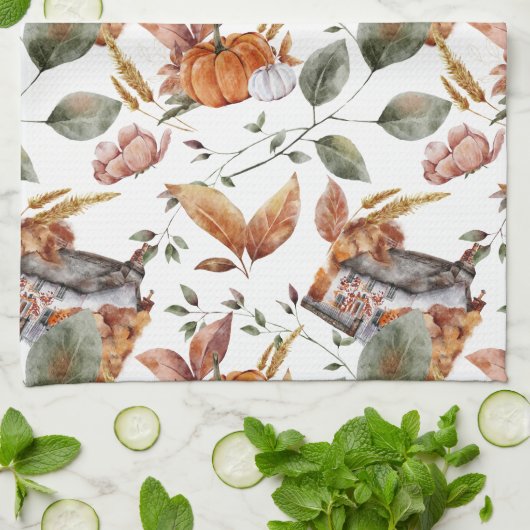 Fall Hütte Bauernhof Erntedank Floral Pumpkin Geschirrtuch (Gefaltet)