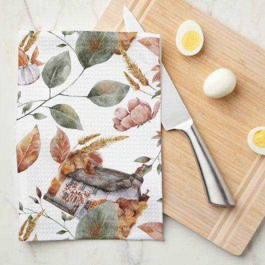 Fall Hütte Bauernhof Erntedank Floral Pumpkin Geschirrtuch (Viertel Falte)