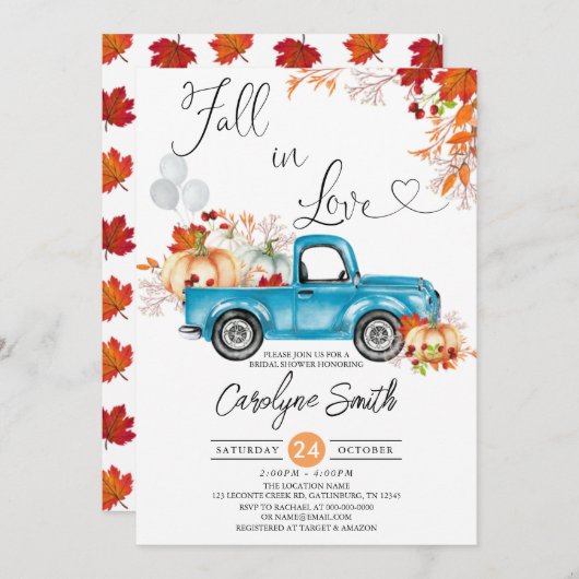 Fall in Liebe Blue Truck Pumpkin Brautparty Einladung (Vorne/Hinten)