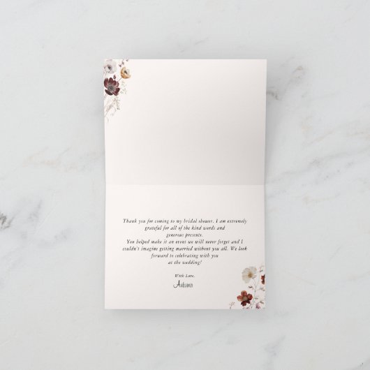 Fall in Liebe Boho Herbst Brautparty Blumenstrauch Dankeskarte (Innenseite)