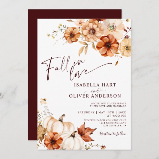 Fall in Liebe Burgund Rust Boho Hochzeit Einladung (Vorne/Hinten)