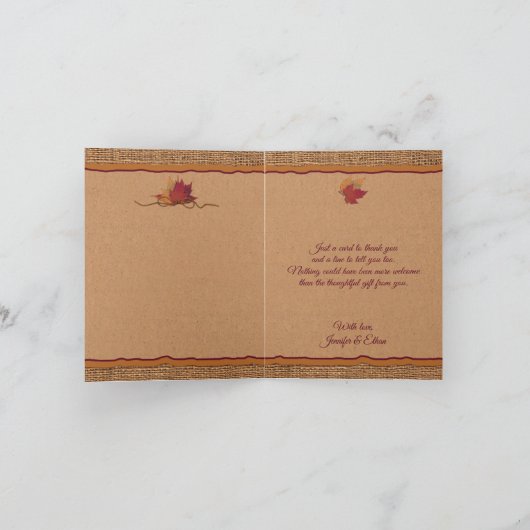 Fall in Liebe Burlap, Blätter Hochzeit Dankeschön Dankeskarte (Innenseite)