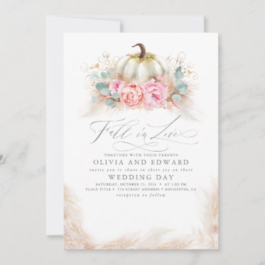 Fall in Liebe Elegante Hochzeit Pink Blume Pumpkin Einladung (Vorderseite)