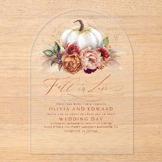 Fall in Liebe Elegante Hochzeitsrost Blume Pumpkin Acryleinladungen (Vorderseite)