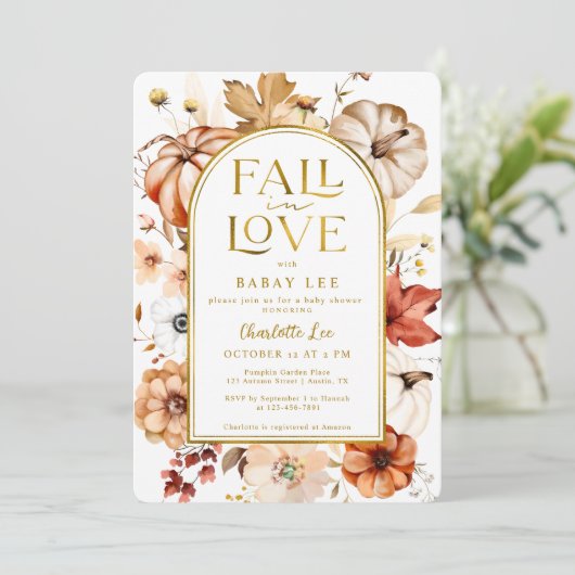 Fall in Liebe Gold Foil Arch Pumpkin Baby Dusche Einladung (Stehend Vorderseite)