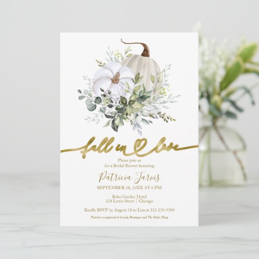 Fall in Liebe Grünpflanzen Pumpkin Fall Brautparty Einladung (Stehend Vorderseite)