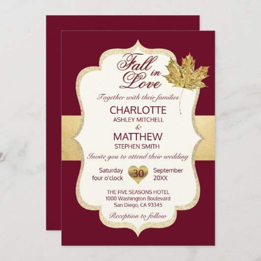 FALL IN LIEBE Herbst Burgund Gold Leaf Hochzeit Einladung (Vorne/Hinten)