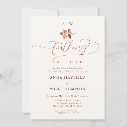 Fall in Liebe Leaf Monogramm Wappen Elegante Hochz Einladung (Vorderseite)