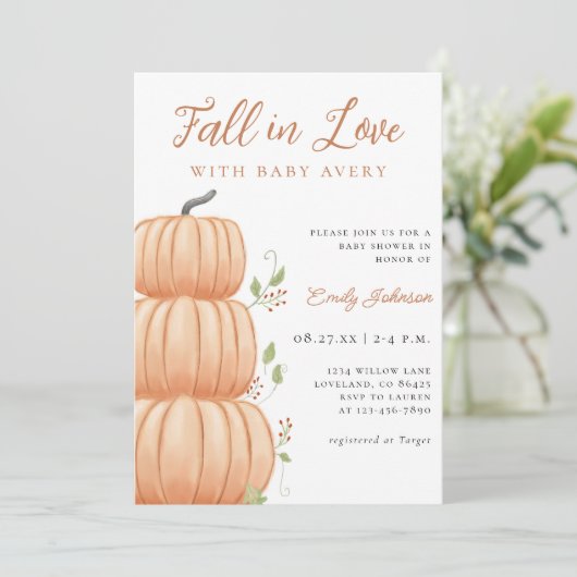 Fall in Liebe Pumpkin Baby Dusche Einladung (Stehend Vorderseite)
