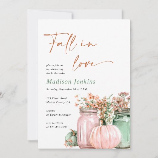 Fall in Liebe Pumpkin Floral Jars Brautparty Einladung (Vorderseite)