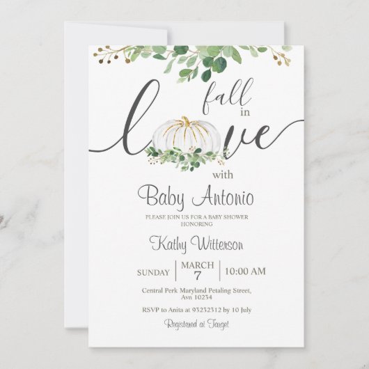 Fall in Liebe Pumpkin Greenery Floral Baby Dusche Einladung (Vorderseite)