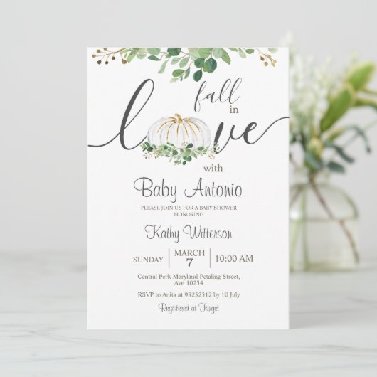 Fall in Liebe Pumpkin Greenery Floral Baby Dusche Einladung (Stehend Vorderseite)