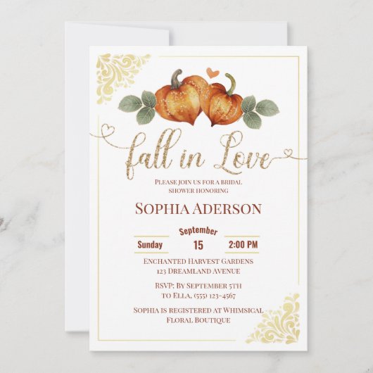 Fall in Liebe Pumpkin Herz Brautparty Einladung (Vorderseite)