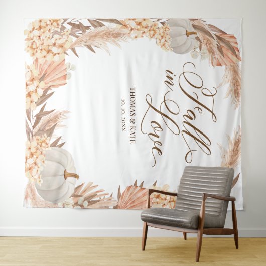 Fall in Liebe Pumpkins boho Pampas Hochzeitsbanner Wandteppich (Beispiel (Horizontal))