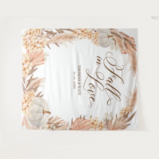 Fall in Liebe Pumpkins boho Pampas Hochzeitsbanner Wandteppich (Vorderseite (Horizontal))