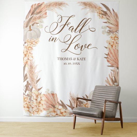 Fall in Liebe Pumpkins boho Pampas Hochzeitsbanner Wandteppich (Beispiel)
