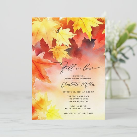 Fall In Love Autumn Leaf Bridal Shower Invitation Einladung (Stehend Vorderseite)
