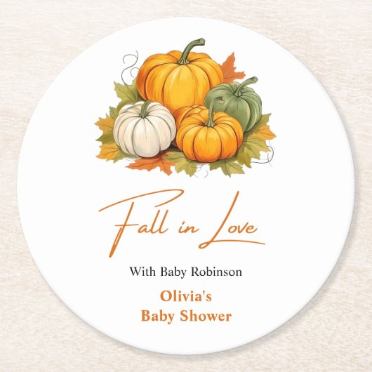 Fall in Love Autumn Rustic Pumpkin Baby Shower  Runder Pappuntersetzer (Vorderseite)