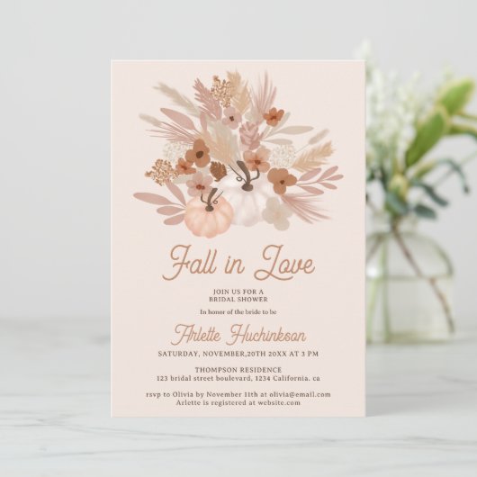 Fall in love beige floral boho chic bridal shower einladung (Stehend Vorderseite)