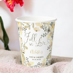 Fall in love boho floral autumn chic bridal shower pappbecher<br><div class="desc">Fall in love boho floral autumn chic bridal shower paper cup featuring pretty green,  yellow,  mustard and khaki flowers frame with foliage and eucalyptus. A boho inspired fall autumn bridal shower theme with a modern heart script typography .</div>