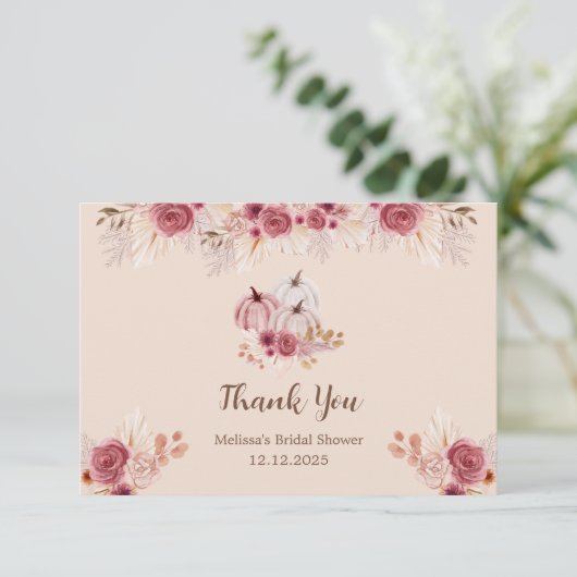 Fall In Love Boho Pink Pumpkin Bridal Shower Karte (Stehend Vorderseite)