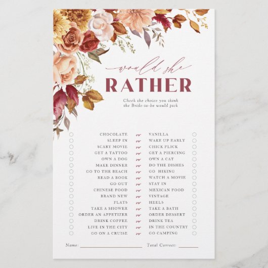 Fall in Love Bridal Shower Game Would she rather