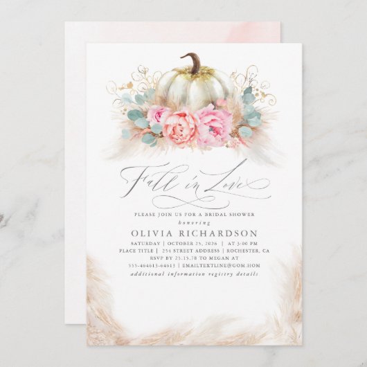 Fall in Love Bridal Shower Pink Flowers Pumpkin Einladung (Vorne/Hinten)