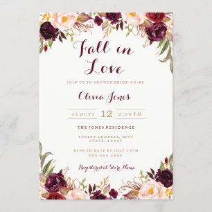 Fall in Love Burgunder Florale Hochzeitsdusche Kar Einladung