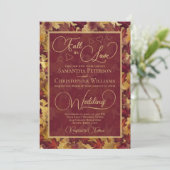 Fall in Love Burgundy & Gold Autumn Leaves Wedding Einladung (Stehend Vorderseite)