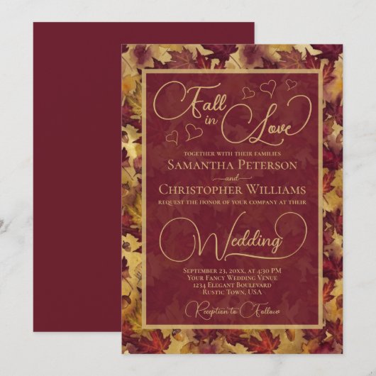 Fall in Love Burgundy & Gold Autumn Leaves Wedding Einladung (Vorne/Hinten)