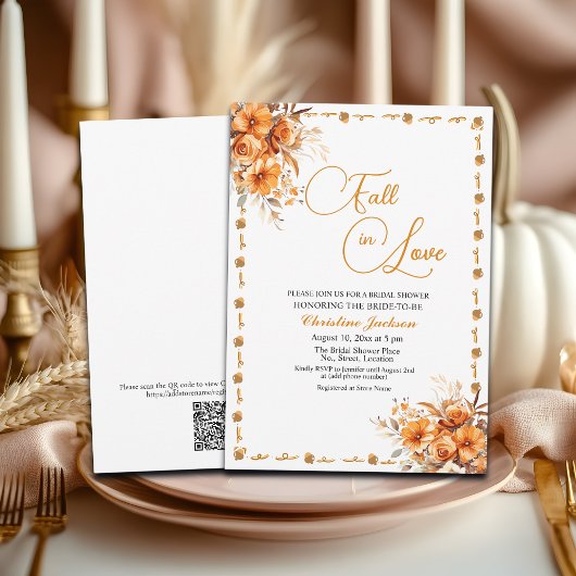 Fall in Love Fall Floral QR Code Bridal Shower Einladung