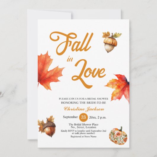 Fall in Love Maple Leaves Acorns Bridal Shower Einladung (Vorderseite)