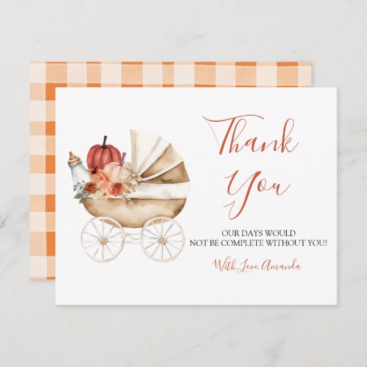 Fall In Love Pumpkin Stroller Floral Baby Shower Dankeskarte (Vorne/Hinten)