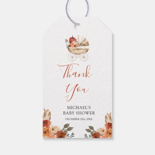 Fall In Love Pumpkin Stroller Floral Baby Shower Geschenkanhänger (Rückseite)