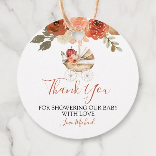 Fall In Love Pumpkin Stroller Floral Baby Shower Geschenkanhänger (Rückseite)