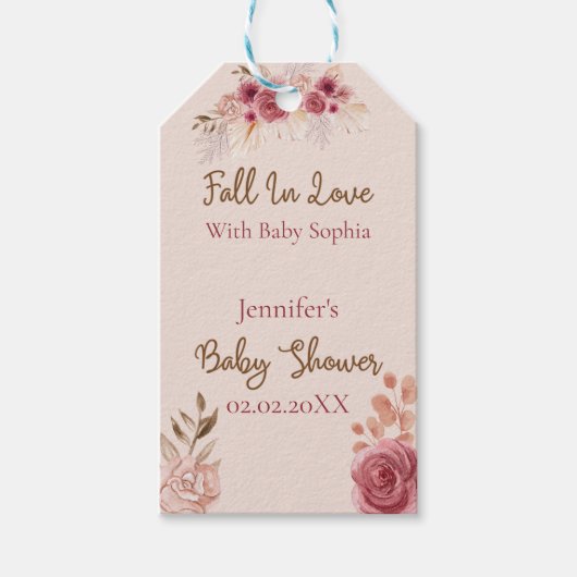 Fall In Love Rustic Pink Floral Baby Shower  Geschenkanhänger (Vorderseite)