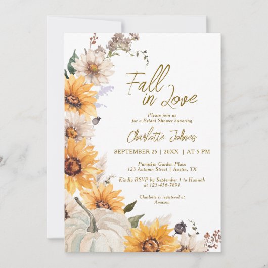 Fall In Love Sunflowers Pumpkin Boho Bridal Shower Einladung (Vorderseite)