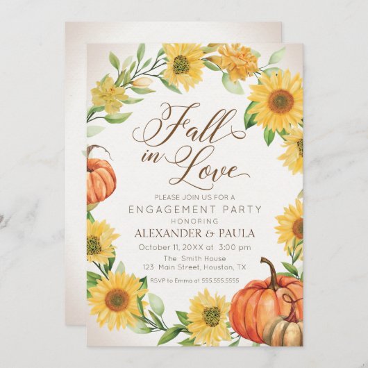Fall in Love Sunflowers & Pumpkins fall engagement Einladung (Vorne/Hinten)