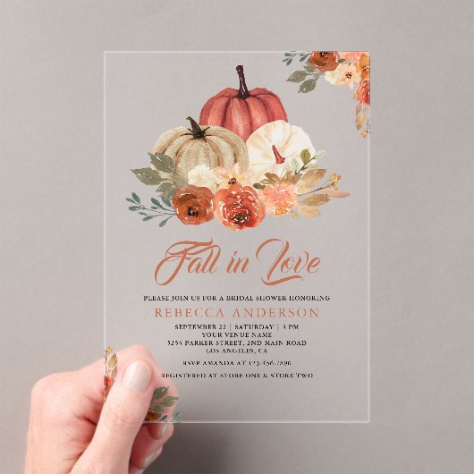 Fall in Love Terracotta Rust Pumpkin Bridal Shower Acryleinladungen (Insitu (Handheld))