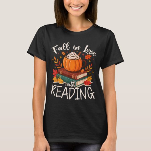 Fall In Love With Reading Autumn Librarian Cute Bo T-Shirt (Vorderseite)