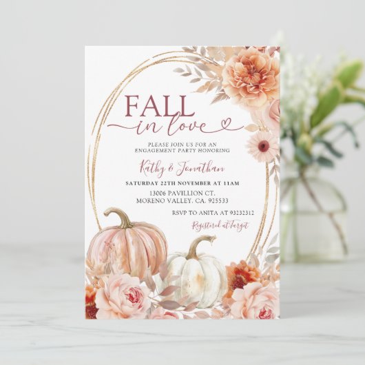 Fall Ivory Beige Floral Pumpkin Engagement Party Einladung (Stehend Vorderseite)